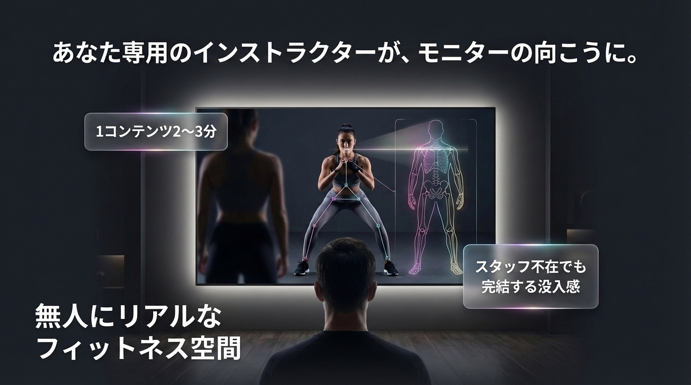 あなた専用のインストラクターが、モニターの向こうに。スタッフ不在でも完結する没入感。